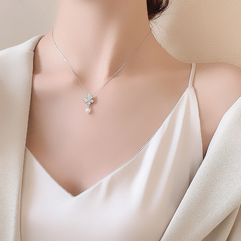 Sterling Silver Freshwater Pearl Butterfly Necklace