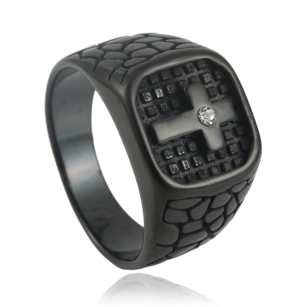 Trendy Retro Titanium Steel Men's Cross and Square Ring Collection