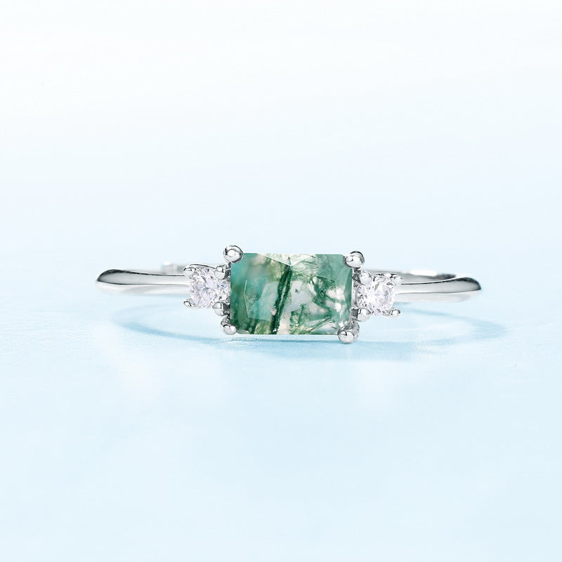 S925 Sterling Silver Moss Agate Geometric Ring