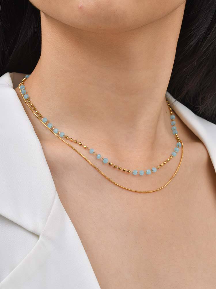 Stainless Steel Beaded Sugar Cube Necklace Light Blue Bead Chain Cherry Sweet Necklace