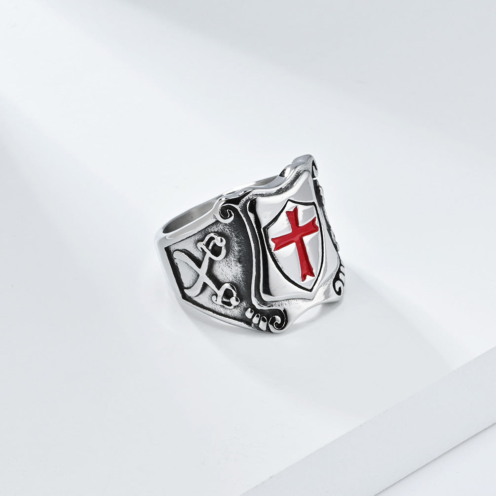 Steel Ring – Statement Cross Shield Punk Military Style For Men Retro Armor Edition By Planderful