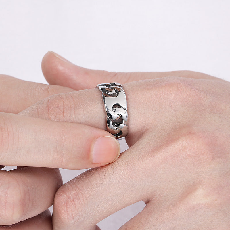 Planderful Mens Hollow Ring 18K Gold Titanium Cuban Chain