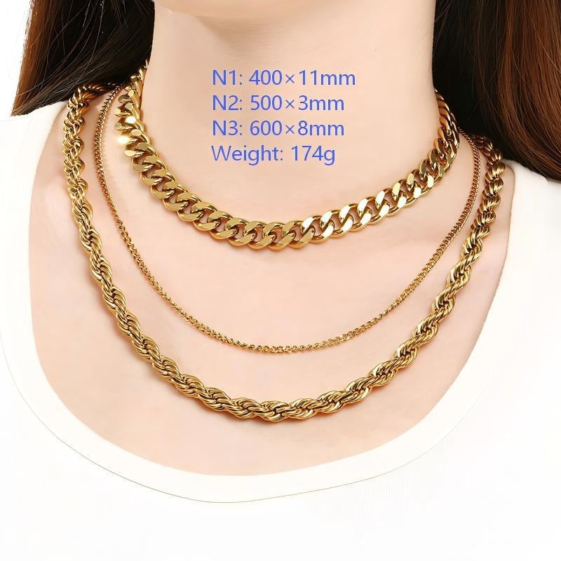 Hipster Stainless Steel Plain Chain Hip Hop Simple Multilayer Stacked Strap Cuban Chain Necklace