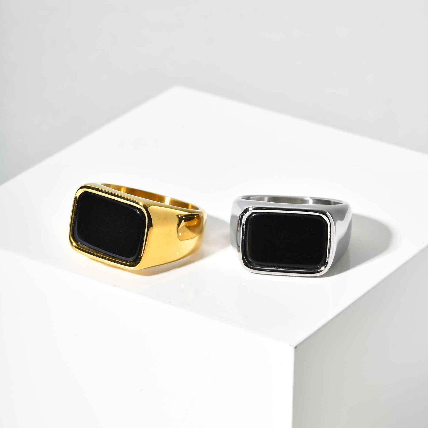 Stainless Steel Geometric Square Black Glass Stone Ring Mens