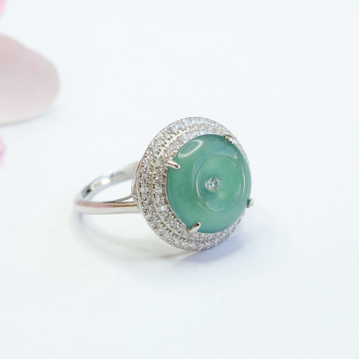 Sterling Silver Jade Ring with Zircon Halo Detail