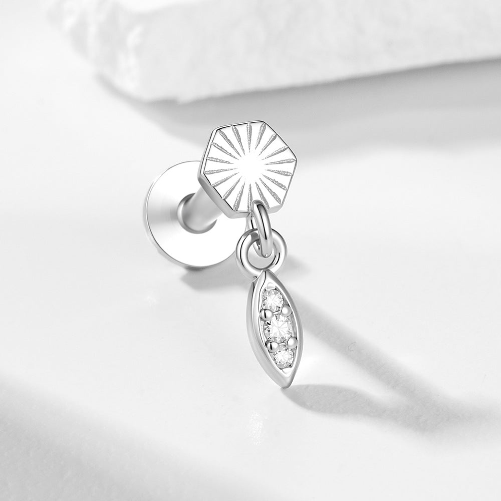 S925 Sterling Silver Flat Bottom Thread Piercing Earbone Nails, Geometric Zircon Earrings In