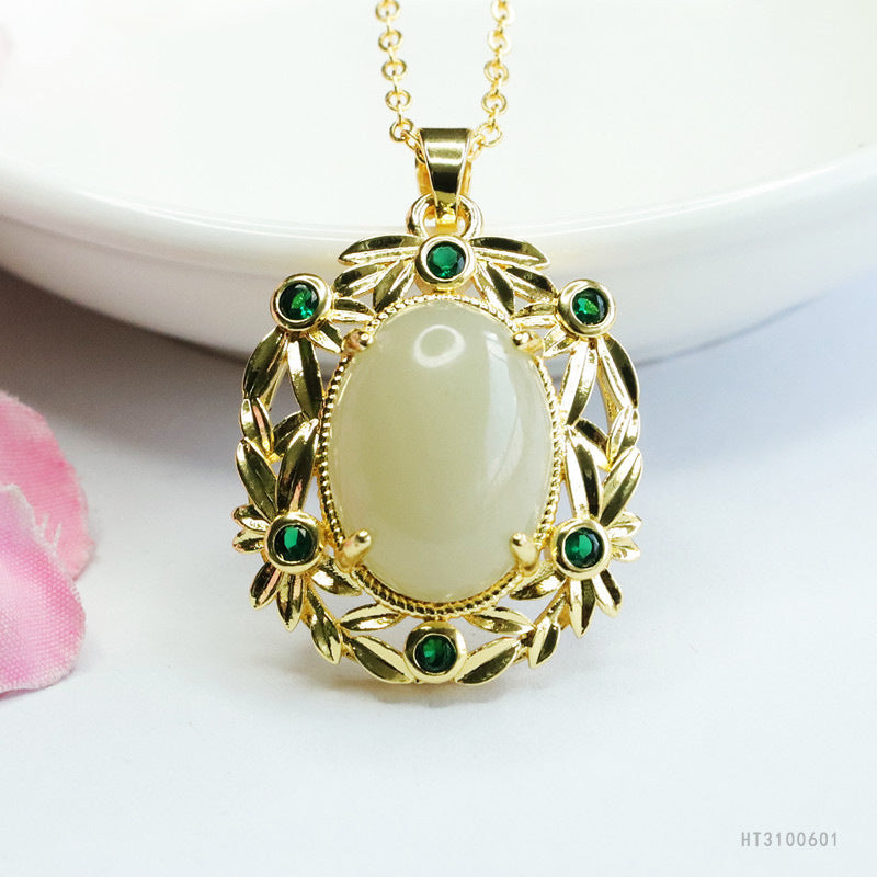 Hetian Jade Oval Green-Zircon Pendant — No Chain