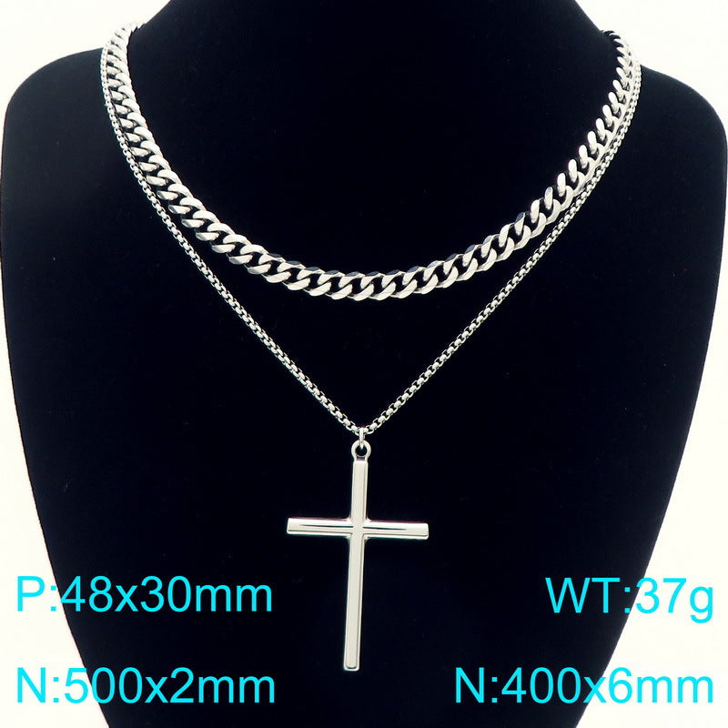 Glossy Cross Pendant Necklace, Six-Sided Grinding Square Pearl Chain Double-Layer Stacked Men's Necklace.