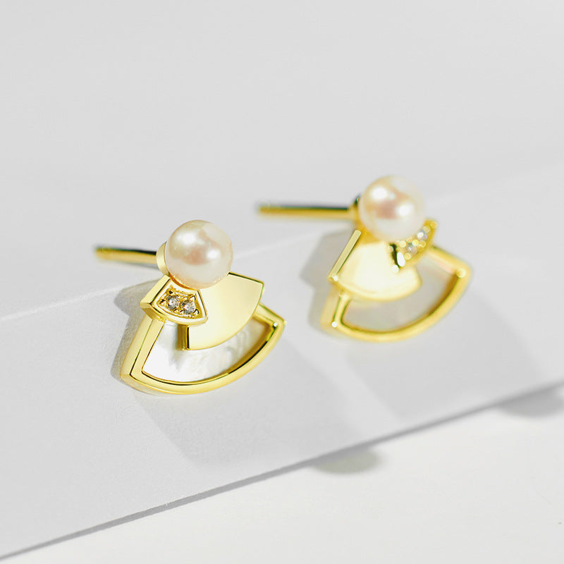 Mother of Pearl Fan Design Pearl Zircon Sterling Silver Stud Earrings