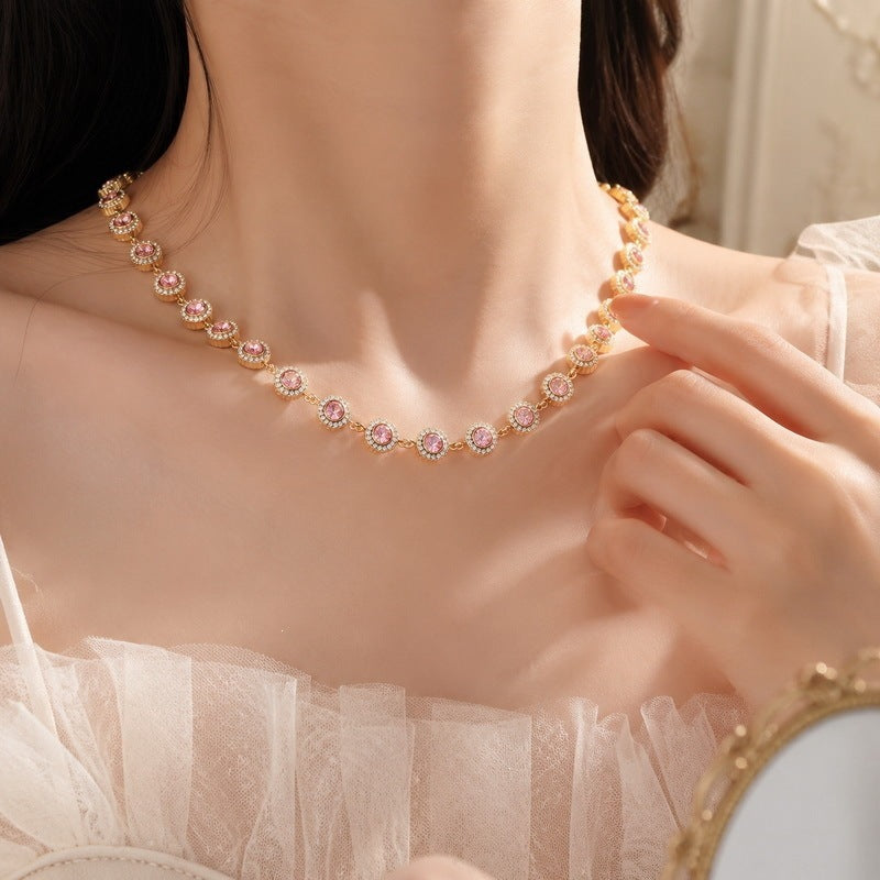 Light Color Zircon Ball Necklace, Court Style, Collarbone Chain, Stainless