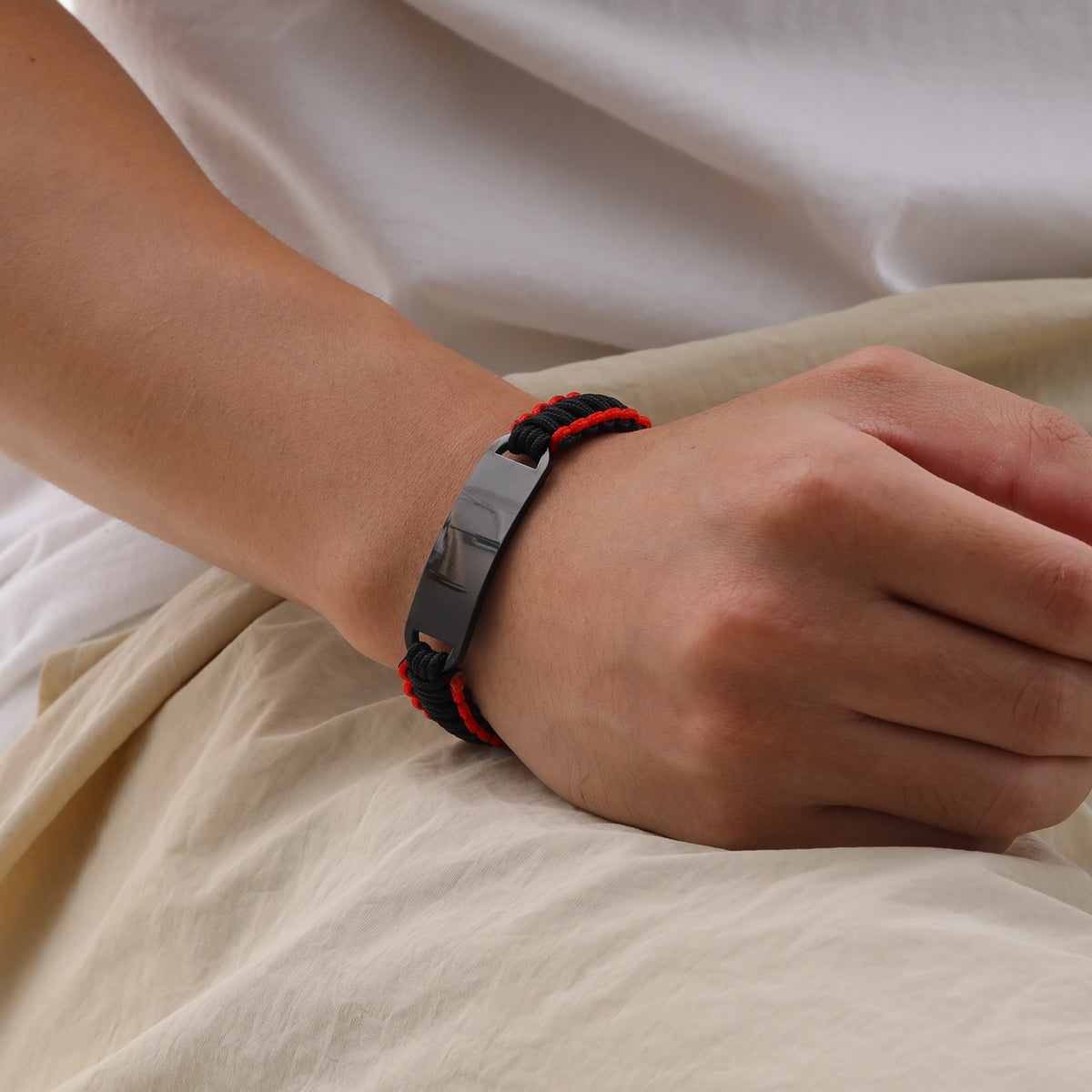 Men's Stainless Steel Curved Red & Black Nylon Rope Woven Adjustable Hand Rope Bracelet