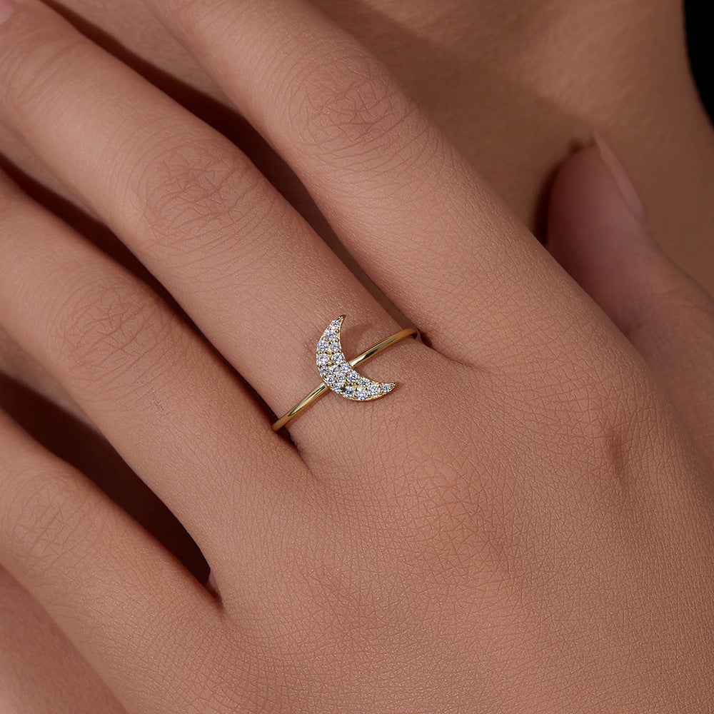S925 Sterling Silver Micro-Inlaid Zircon Moon Ring Index Finger Ring