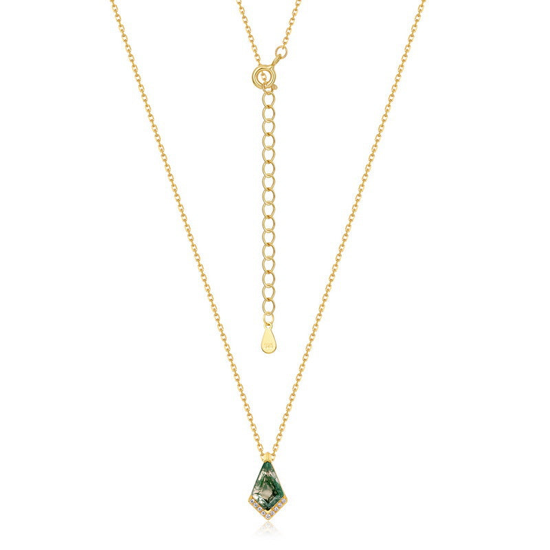 S925 Sterling Silver Moss Agate Geometric Pendant Necklace