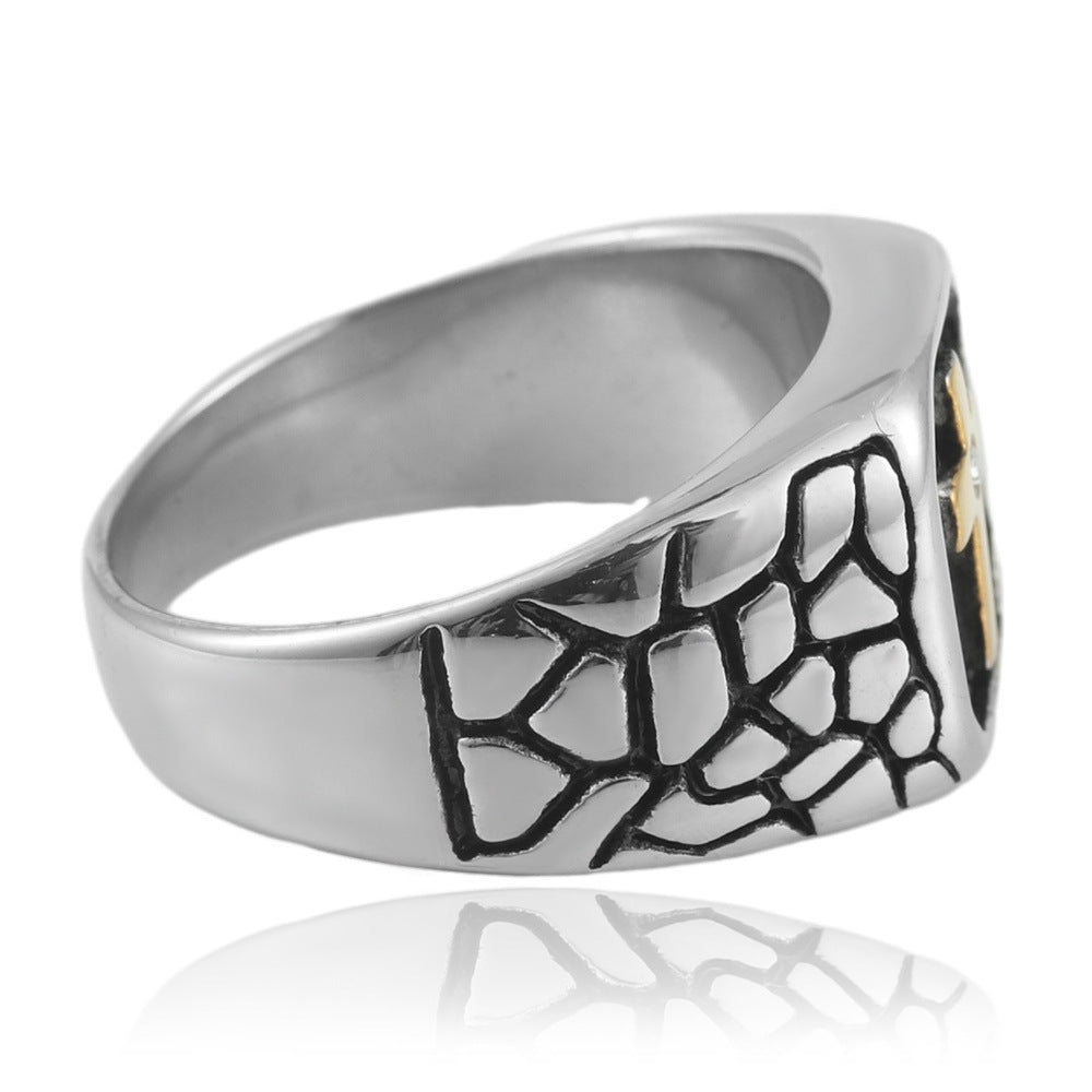 Trendy Retro Titanium Steel Men's Cross and Square Ring Collection