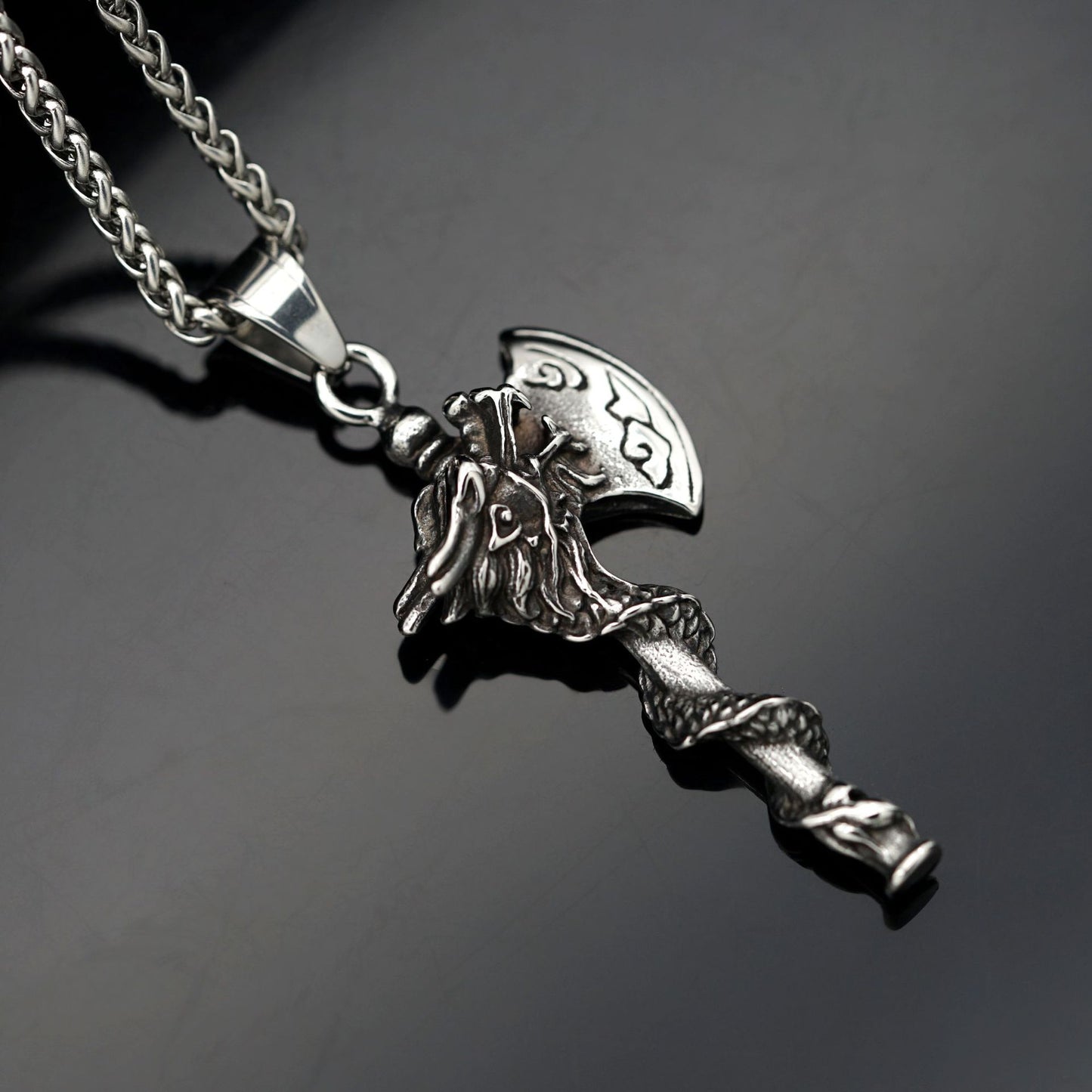 Steel Necklace – Statement Viking Dragon Pendant With Double-Sided Coiled Dragon Cloud Pattern For Men