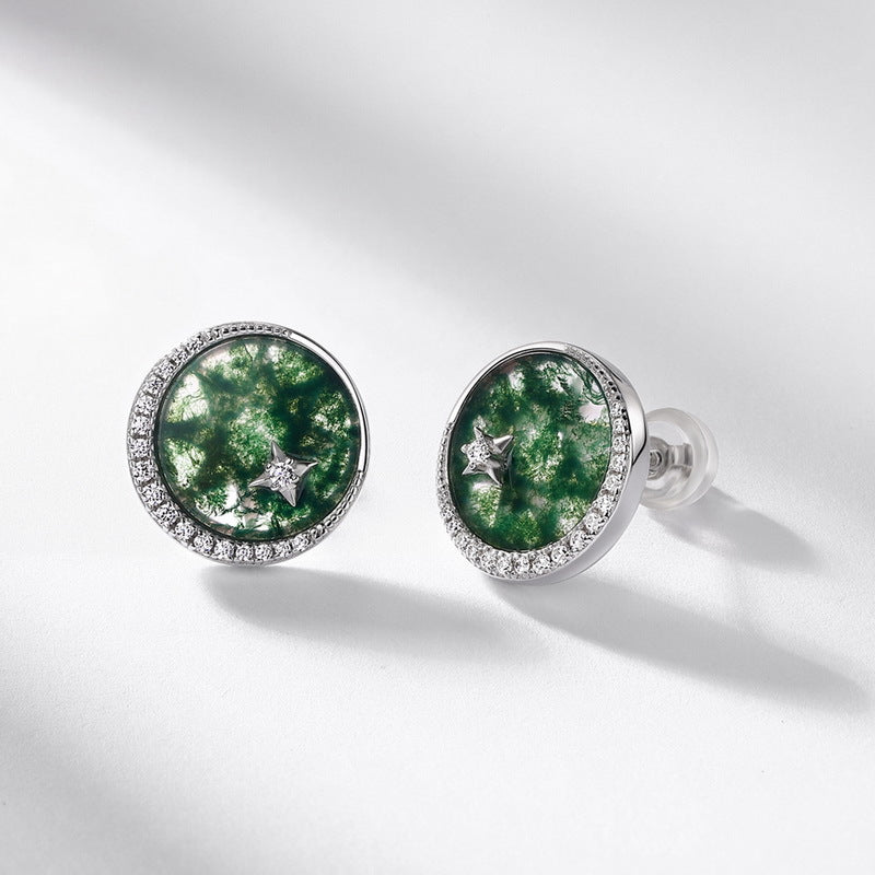 S925 Sterling Silver Moss Agate Minimalist Stud Earrings
