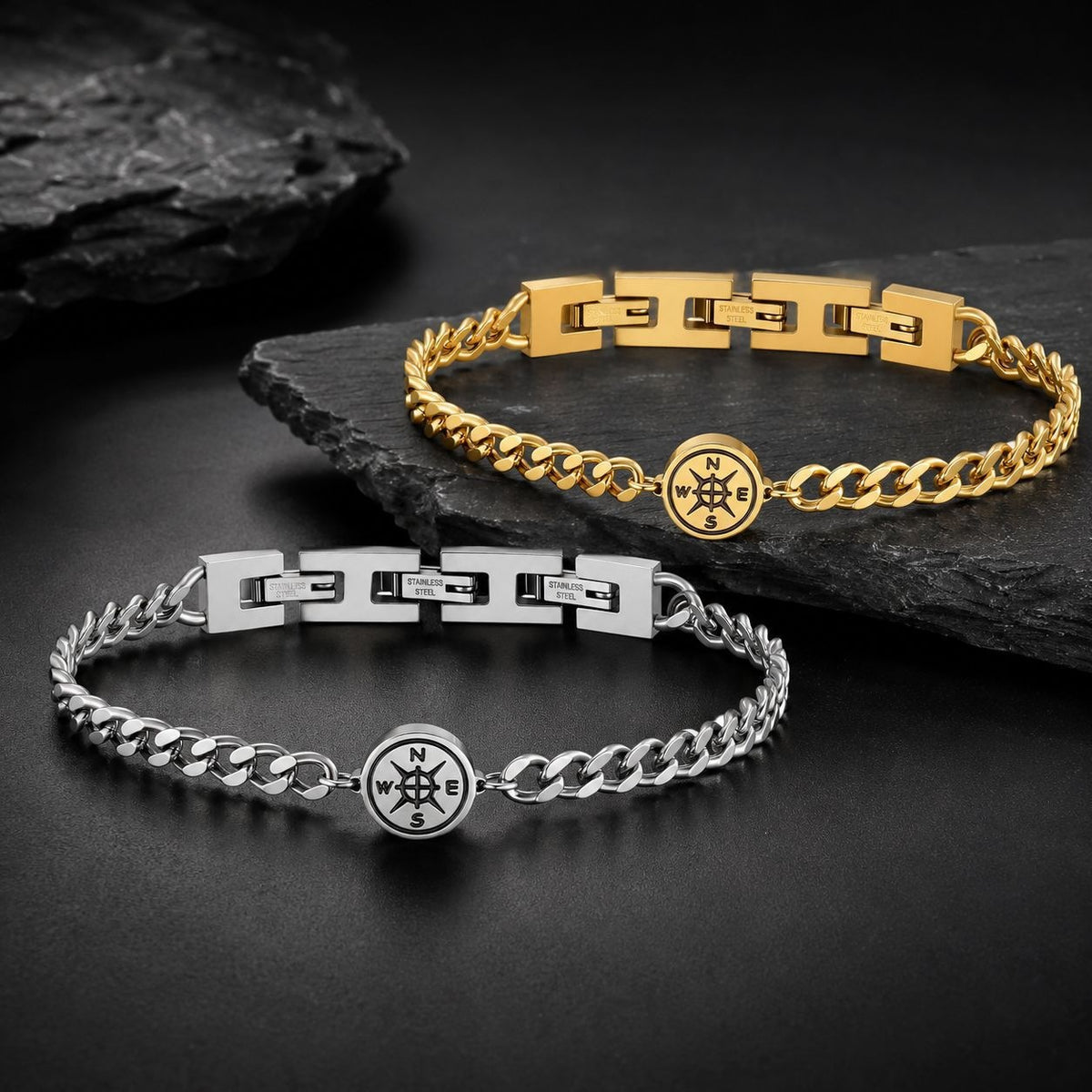 Cuban Chain Compass Gold-Plated Stainless Steel Bracelet for Men