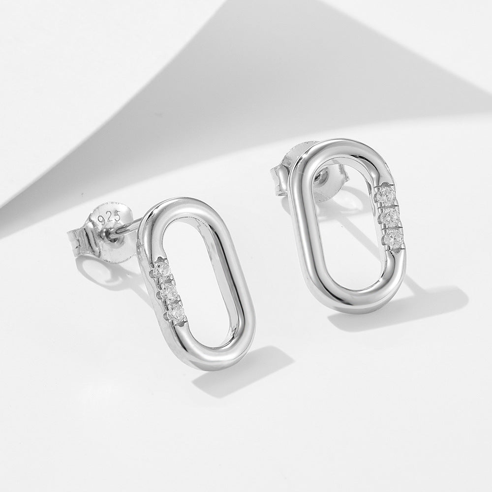 Planderful S925 Sterling Silver U-Shaped Stud Earrings For Women Zircon Geometric Oval Ins Style Elegant