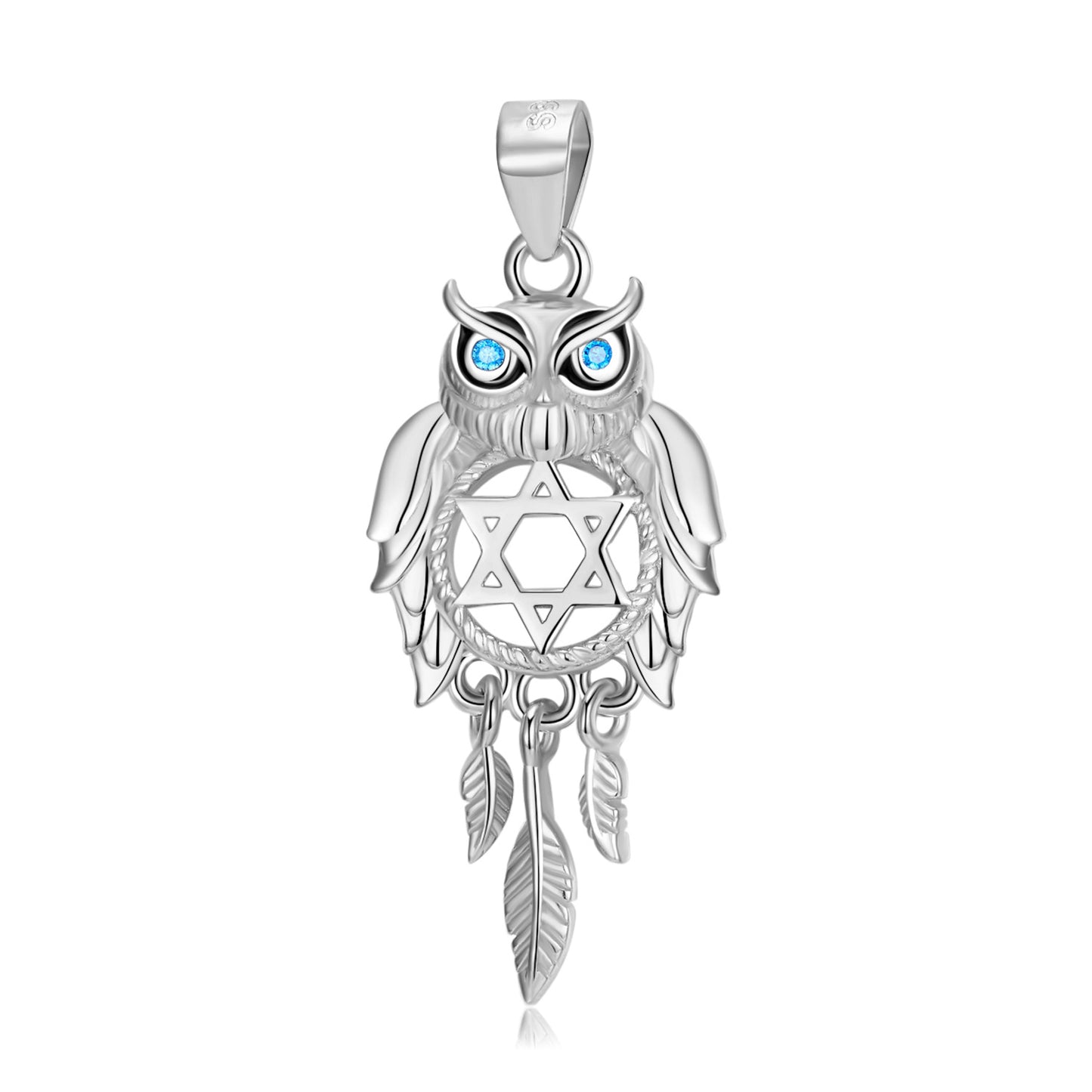 Owl hollow Dream Catcher with blue Zircon Silver Pendant