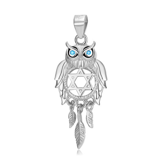 Owl hollow Dream Catcher with blue Zircon Silver Pendant