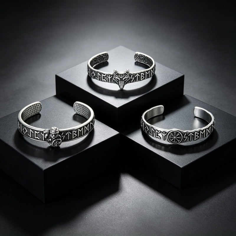 Nordic Viking Warrior Luhn Rune C-Type Bracelet Wolf Head Stainless Steel Men's Open