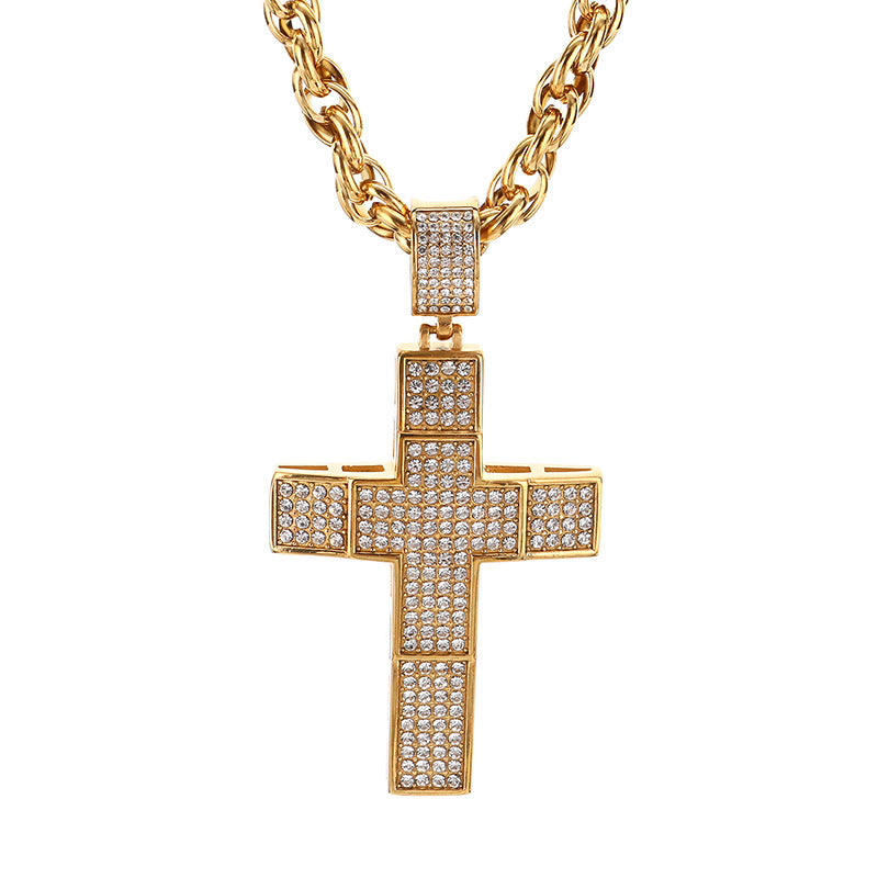 Twist Chain Hip Hop Inlaid With Zircon Double Cross Hollow Pendant Stainless Steel Necklace