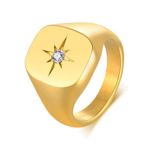 Stainless Steel Inlaid Single Zircon Octagram Ring Gold Women's Jewelry