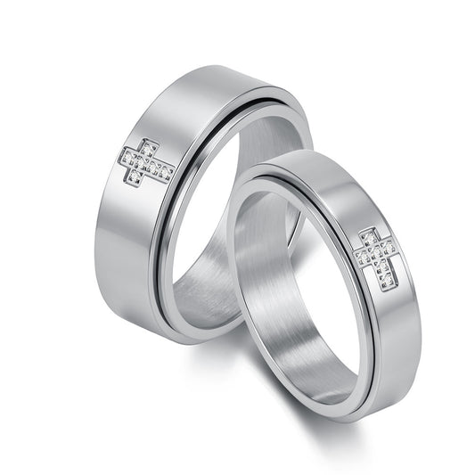Stainless Steel Zircon Rotating Cross Ring – Unisex Wedding Proposal Couple