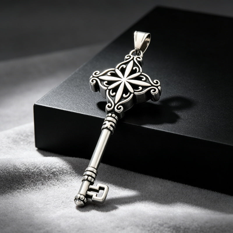 Gothic Snake Wrapped Rune Key Dark Vintage Labyrinth Cross Pattern Stainless Steel Necklace