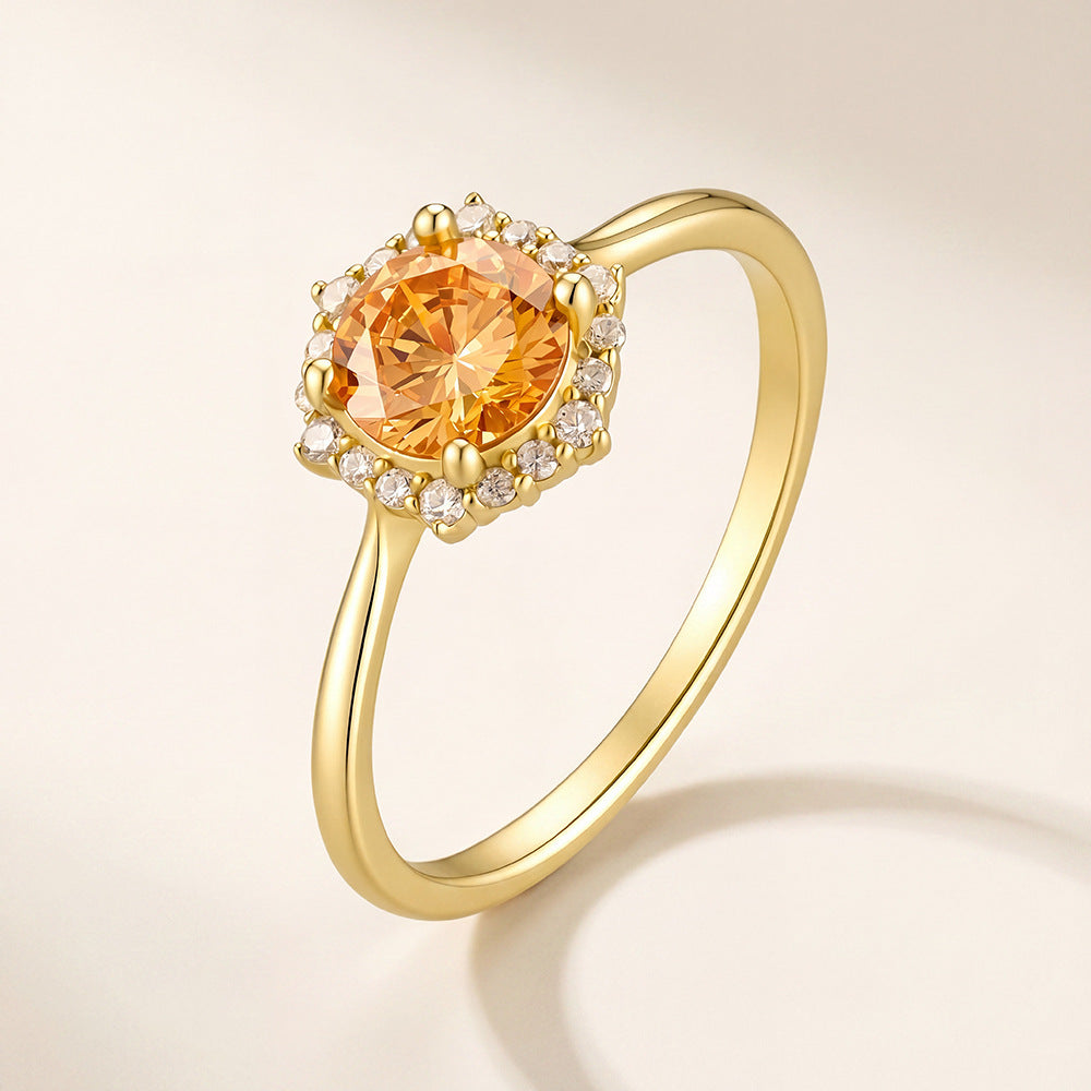 S925 Sterling Silver Champagne Zircon Ring Engagement Wedding Ring