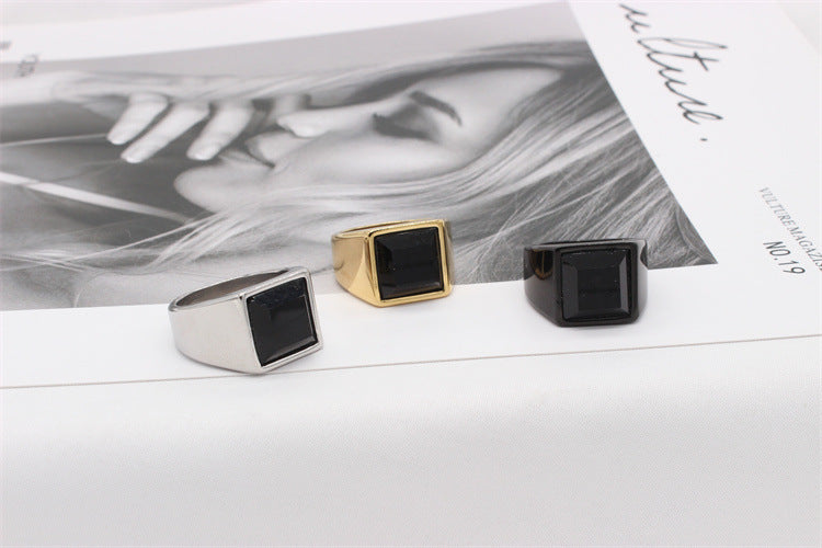 Planderful Titanium Steel Ring For Men Unisex Square Black Glass Modern Statement Jewelry