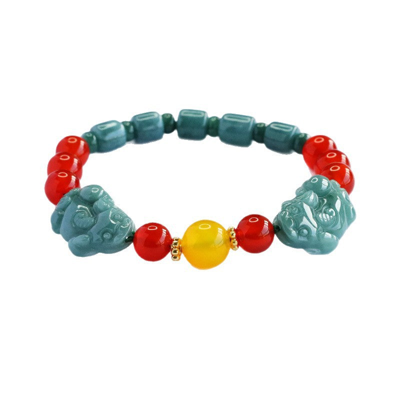 Blue Water Jadeite Pixiu & Agate Beaded Bracelet
