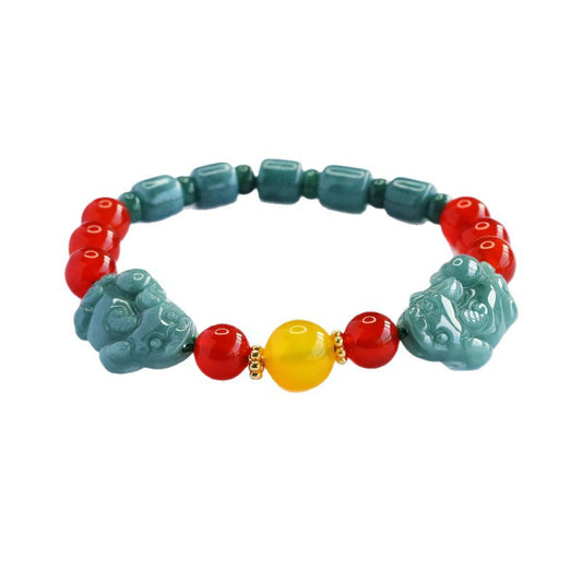 Blue Water Jadeite Pixiu & Agate Beaded Bracelet