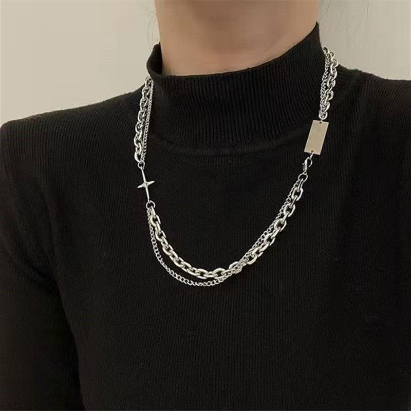 Planderful Jewelry Zircon Transfer Pendant Necklace Titanium Steel Double Layer Clavicle Chain for Men