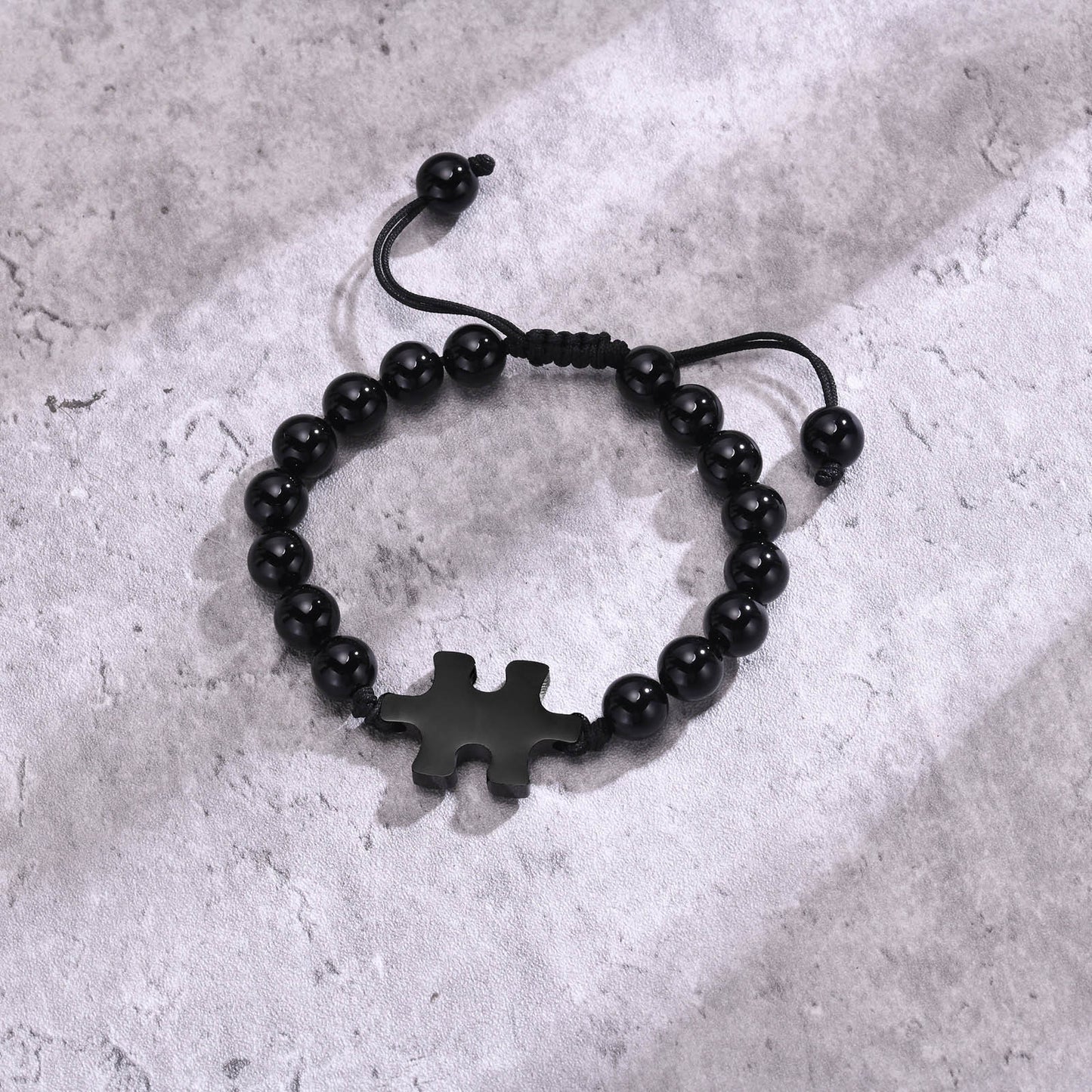 Adjustable Stainless Steel Puzzle Glossy Agate Beaded Bracelet Men's Black for Men