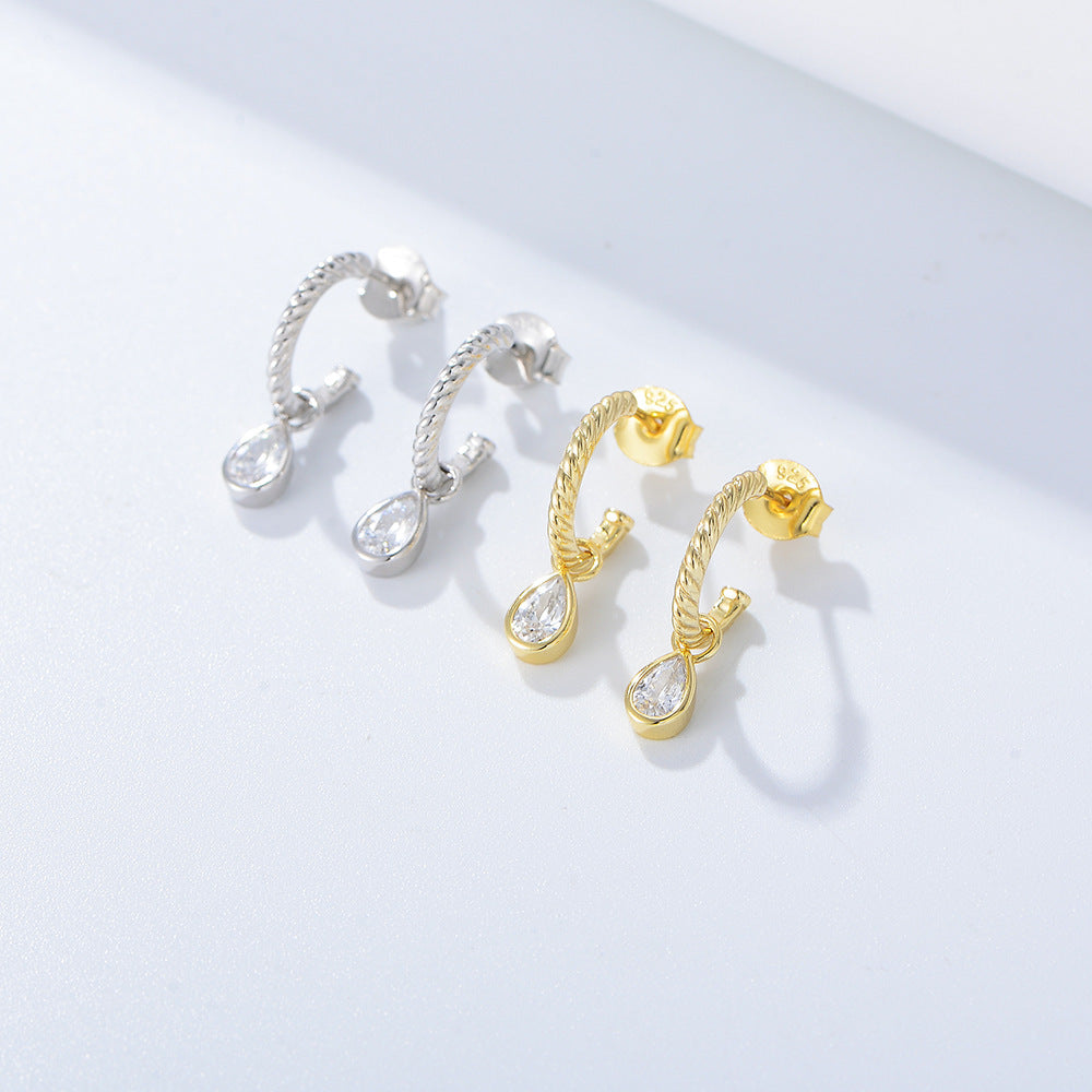 Classic Earrings Tremella S925 Sterling Silver C-Shaped Stud Earrings, Water Drop-Shaped Zircon Earrings.