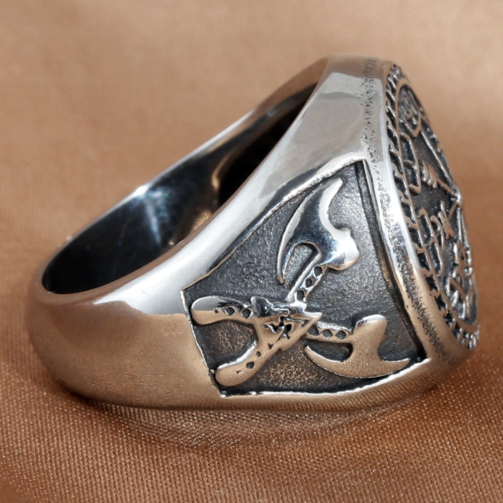 Titanium Steel Retro Compass and Axe Ring for Men - Trendy Personalized Accessories