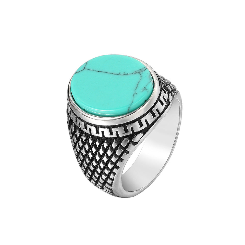 Planderful Unisex Stainless Steel Ring With Round Gemstone Retro European American Design Protection Statement