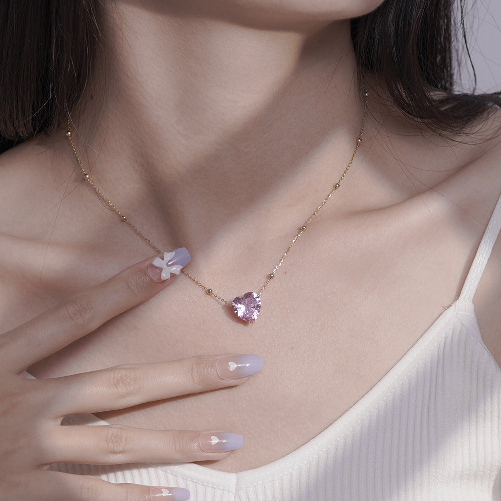 Peach Pink Love Zircon Sterling Silver Necklace Exquisite Heart