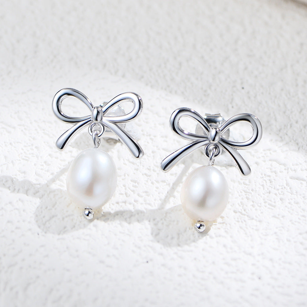 Planderful Sterling Silver Pearl Earrings Bow Pendant Natural Freshwater Pearls for Women Luxury Everyday