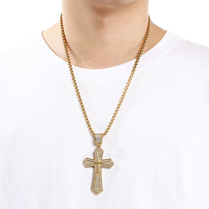 Bear Paw Pendant, Hip-Hop Three-Dimensional Double-Layer Cross Inlaid With Zircon Pendant, Titanium Steel Necklace