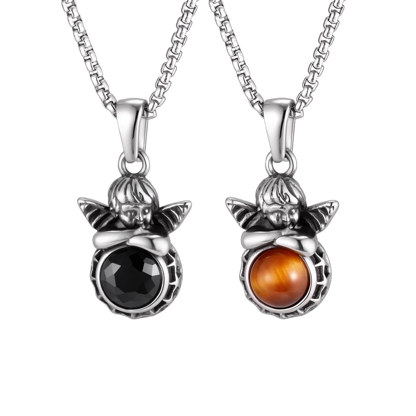 Europe & The United States Stainless Steel Angel Tiger's Eye Stone Women's Hip-Hop Necklace