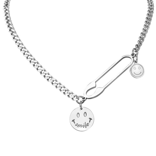 Planderful Titanium Steel Necklace Unisex Minimalist Collarbone Chain With Smiley Pendant And Protection Statement