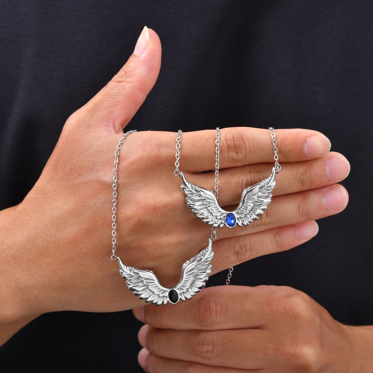 Style Men's Stainless Steel Black Zirconium Feather Wing Necklace Punk Stacked