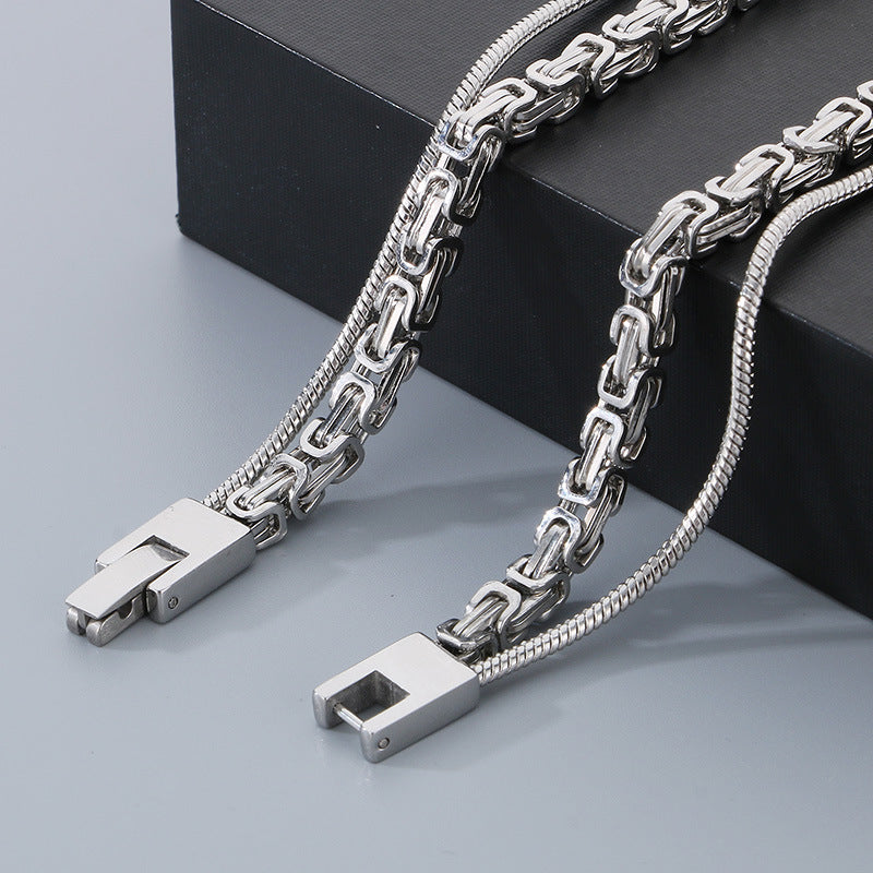 Trendy Emperor Chain Square Titanium Steel Necklace Men's Double-Layer Stacked Stainless Steel Military