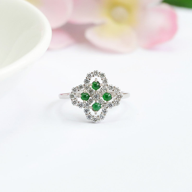 Sterling Silver Adjustable Jade Clover Ring