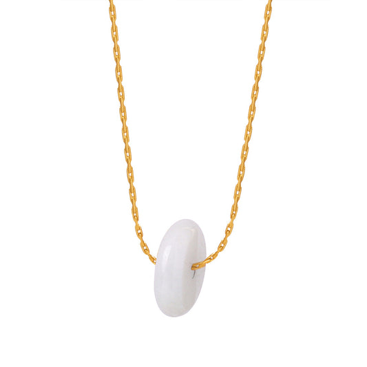 Circular Natural Stone Pendant Collarbone Chain Necklace for Women - Elegant Titanium Steel Jewelry