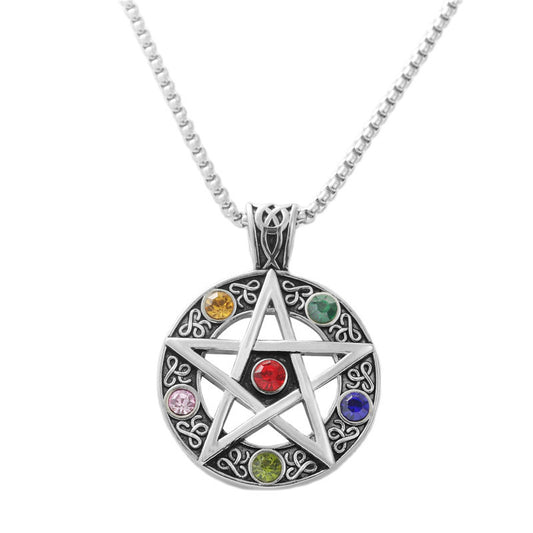 Trendy Multicolor Stone Pendant Necklace for Men in Retro Titanium Steel with Hollow Pentagram Design
