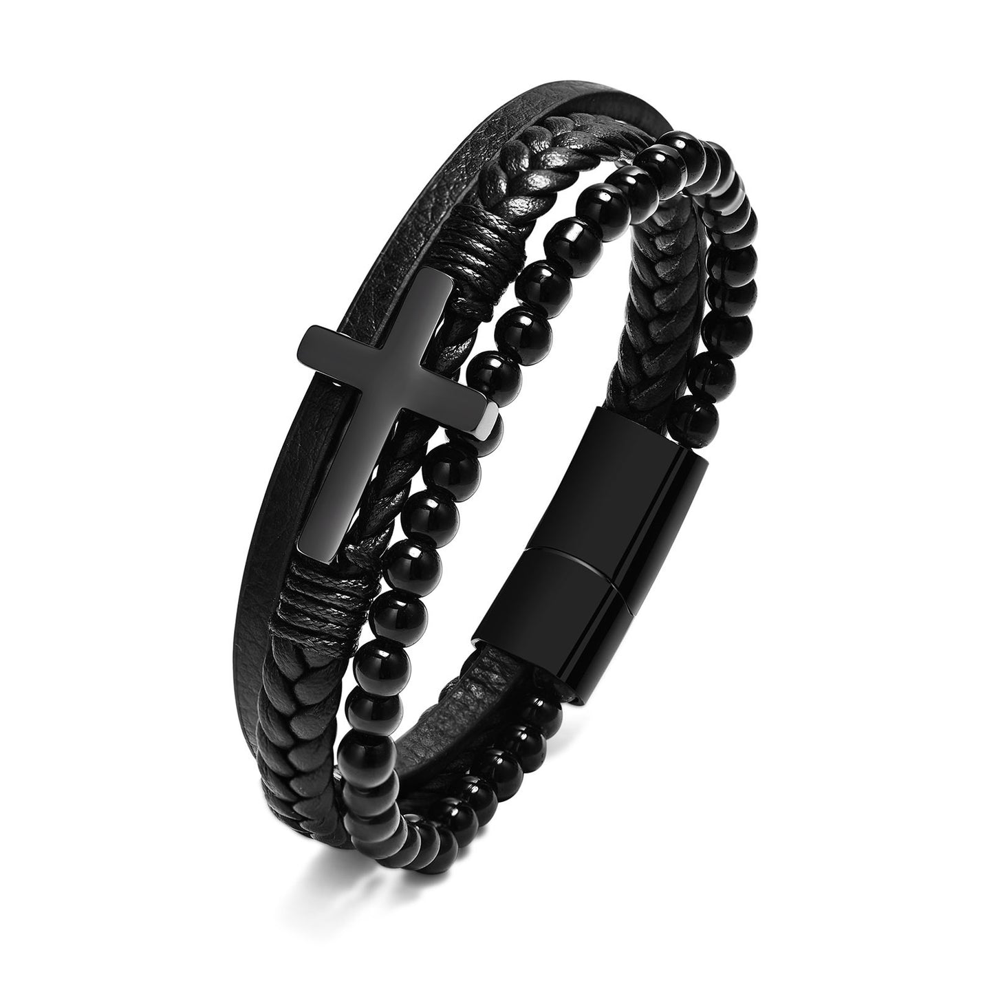 Men's Stainless Steel Cross Black Agate Leather Bracelet