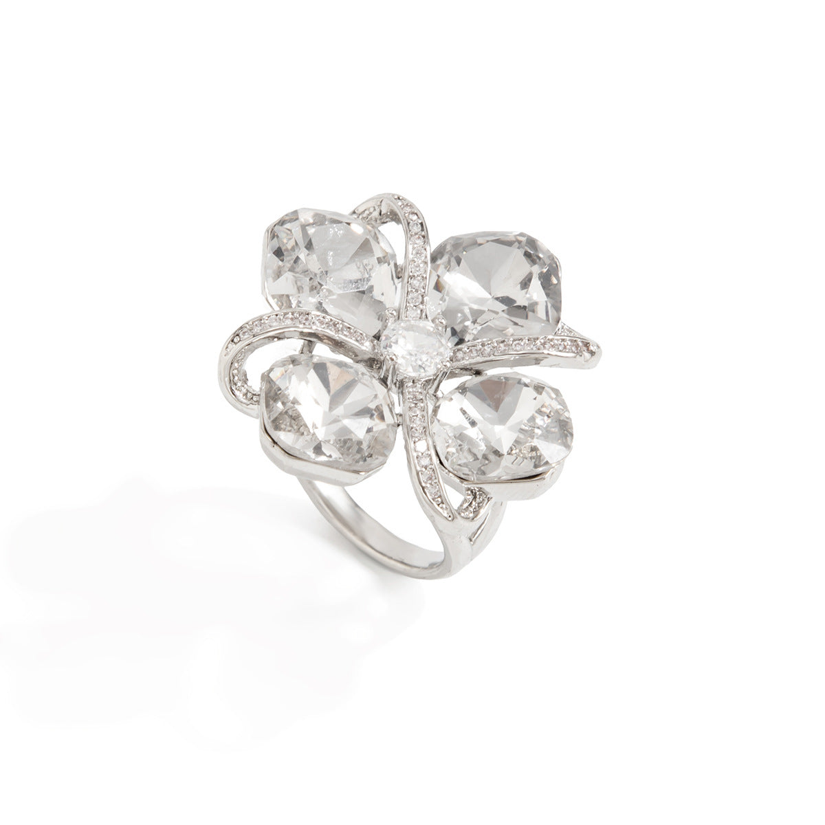 Planderful Square Zircon Ring With Exaggerated Four Leaf Inlay Bold Statement Jewelry For Fashion Forward Women